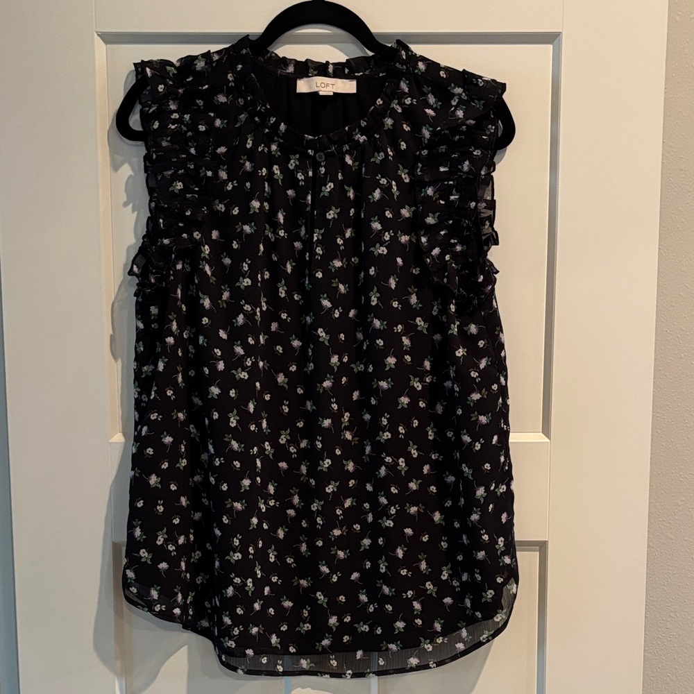 LOFT Black Floral Ruffle-Trim Sleeveless Blouse